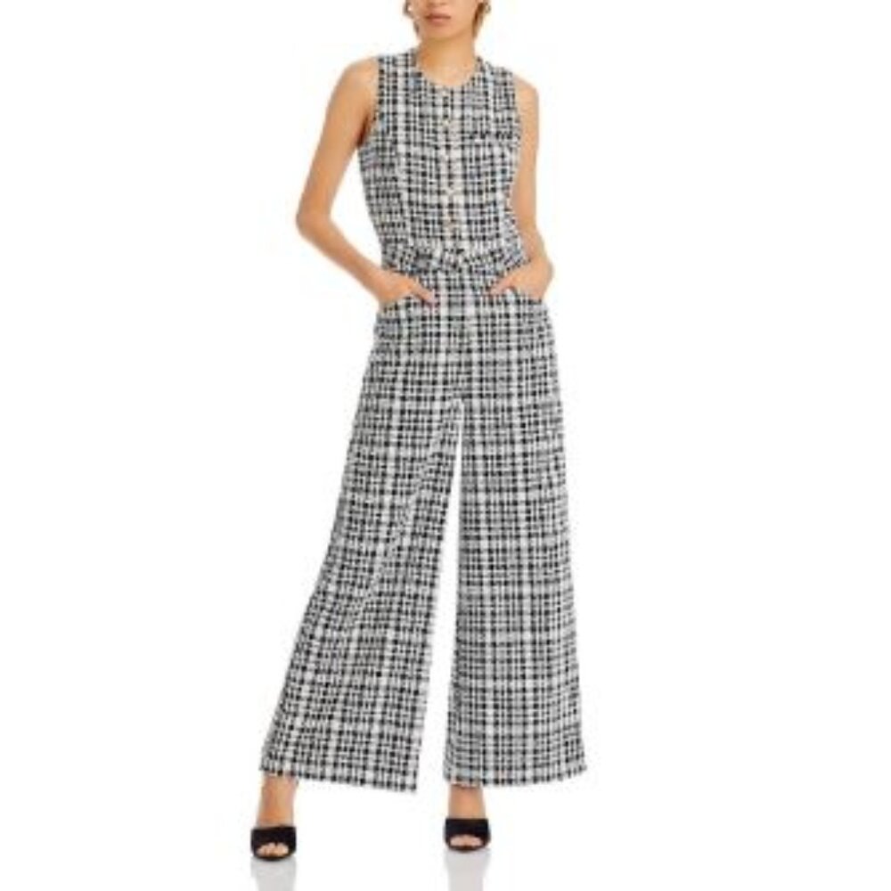 Aqua Tweed Houndstooth Wide Leg Jumpsuit Size XXL Black White